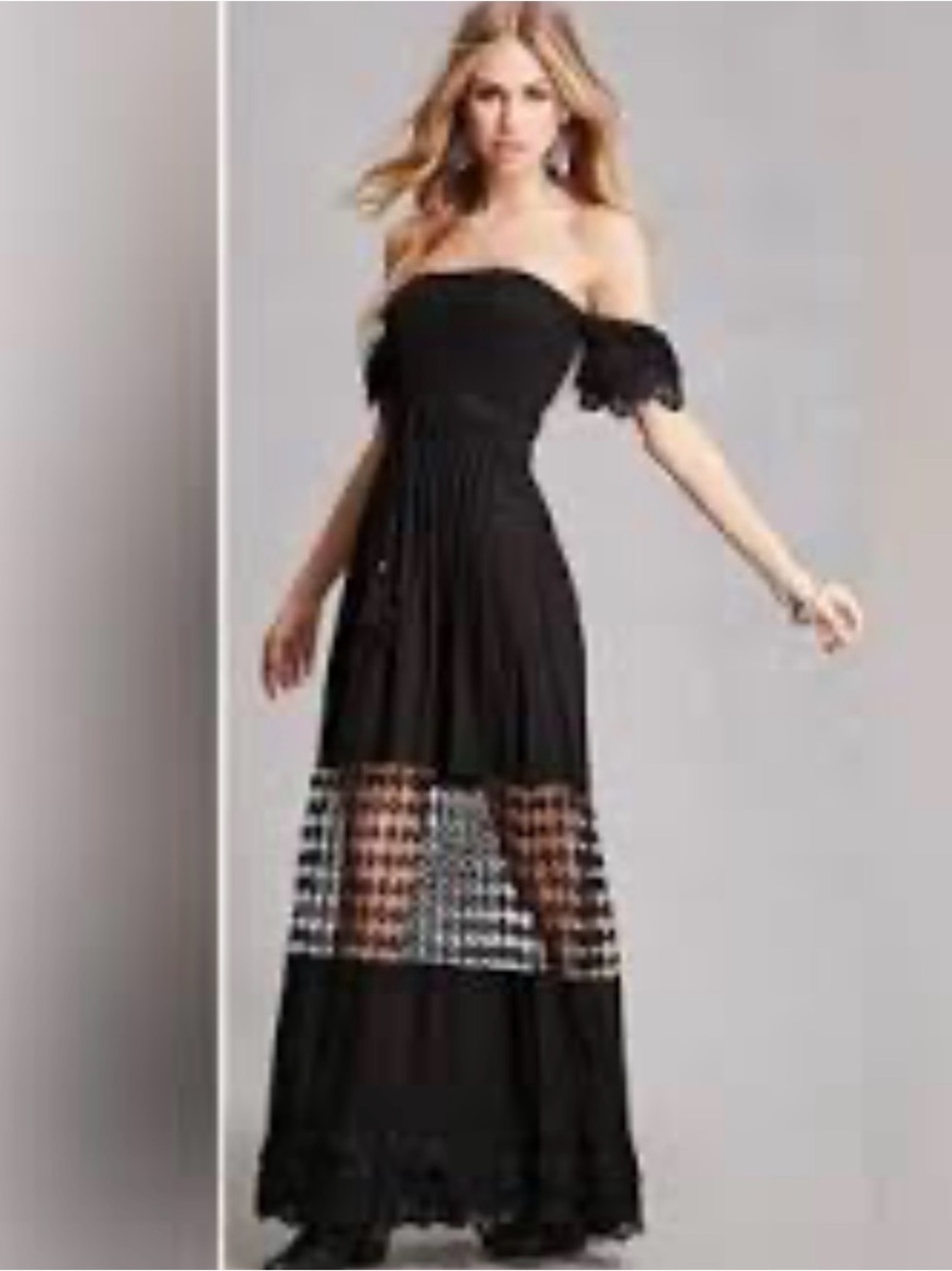 Black Lace Open Knit Ruffle Maxi Dress Cotton